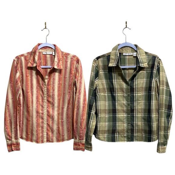 2 Dressbarn Blouses L Vintage-Inspired Button Downs, Plaid & Embroidered Stripe - Picture 1 of 15